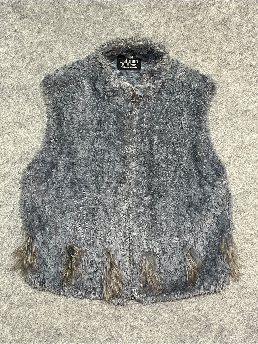 Paula Lishman Handmade Knit Fur Vest Beaver Raccoon Dyed Mist Gray